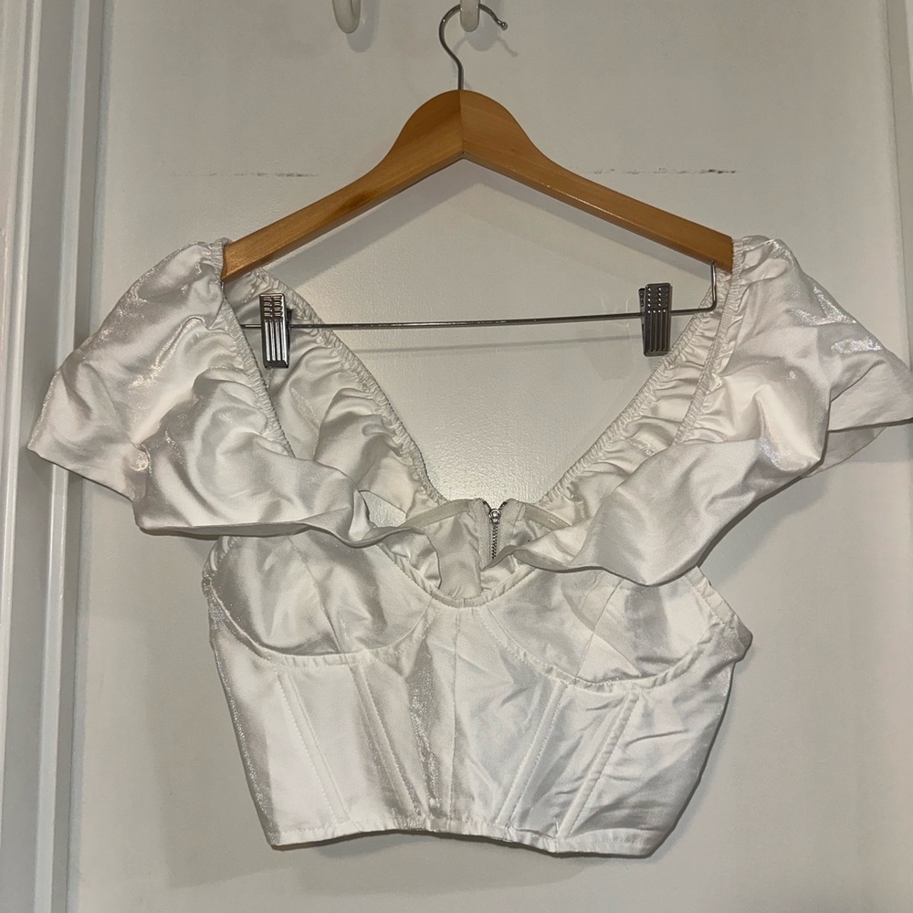 Boohoo White Satin Ruffle Blouse